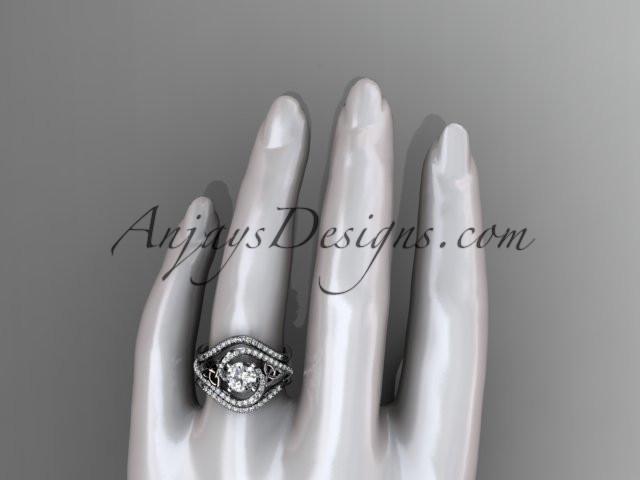 platinum diamond celtic trinity knot wedding ring, engagement ring with a "Forever One" Moissanite center stone and double matching band CT7369S - AnjaysDesigns