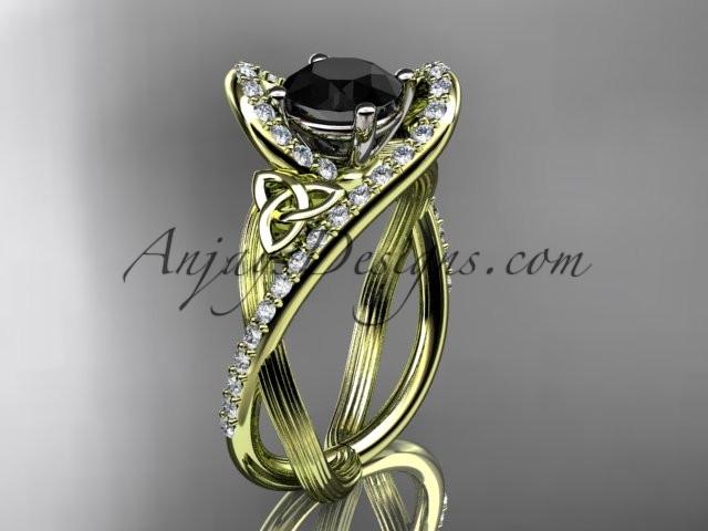 14kt yellow gold diamond celtic trinity knot wedding ring, engagement ring with a Black Diamond center stone CT7369 - AnjaysDesigns