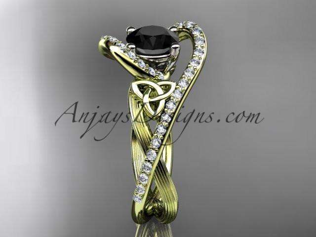 14kt yellow gold diamond celtic trinity knot wedding ring, engagement ring with a Black Diamond center stone CT7369 - AnjaysDesigns