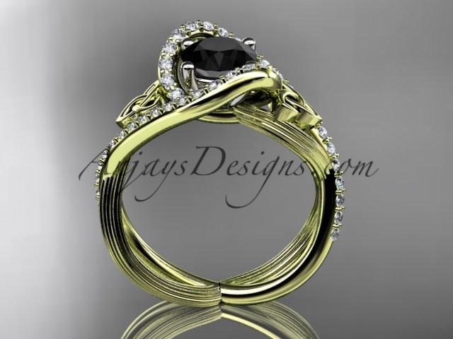 14kt yellow gold diamond celtic trinity knot wedding ring, engagement ring with a Black Diamond center stone CT7369 - AnjaysDesigns