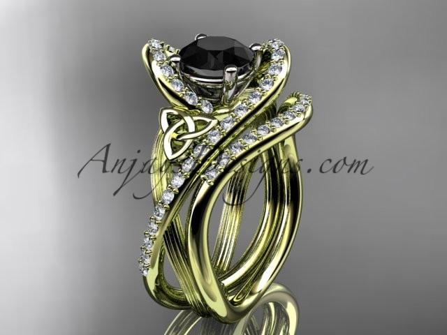 14kt yellow gold diamond celtic trinity knot wedding ring, engagement set with a Black Diamond center stone CT7369S - AnjaysDesigns
