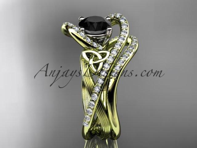 14kt yellow gold diamond celtic trinity knot wedding ring, engagement set with a Black Diamond center stone CT7369S - AnjaysDesigns