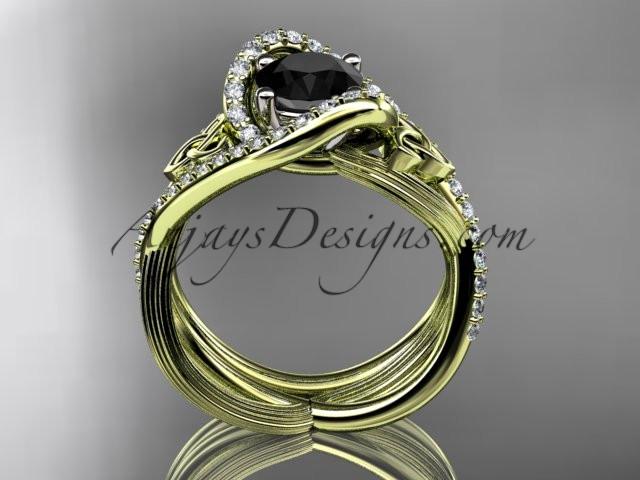 14kt yellow gold diamond celtic trinity knot wedding ring, engagement set with a Black Diamond center stone CT7369S - AnjaysDesigns
