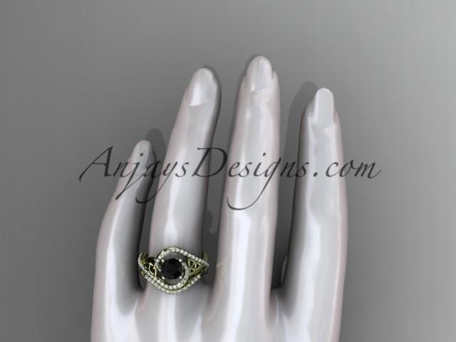 14kt yellow gold diamond celtic trinity knot wedding ring, engagement set with a Black Diamond center stone CT7369S - AnjaysDesigns