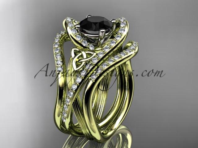 14kt yellow gold diamond celtic trinity knot wedding ring, engagement ring with a Black Diamond center stone and double matching band  CT7369S - AnjaysDesigns