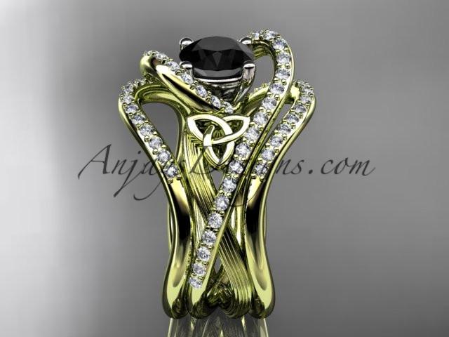 14kt yellow gold diamond celtic trinity knot wedding ring, engagement ring with a Black Diamond center stone and double matching band  CT7369S - AnjaysDesigns