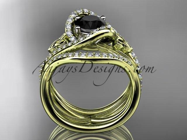 14kt yellow gold diamond celtic trinity knot wedding ring, engagement ring with a Black Diamond center stone and double matching band  CT7369S - AnjaysDesigns