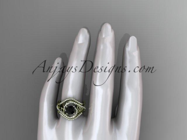 14kt yellow gold diamond celtic trinity knot wedding ring, engagement ring with a Black Diamond center stone and double matching band  CT7369S - AnjaysDesigns