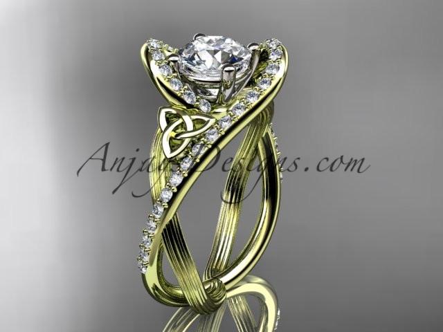 14kt yellow gold diamond celtic trinity knot wedding ring, engagement set with a "Forever One" Moissanite center stone CT7369S - AnjaysDesigns