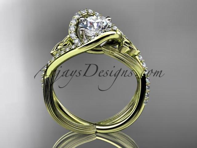 14kt yellow gold diamond celtic trinity knot wedding ring, engagement set with a "Forever One" Moissanite center stone CT7369S - AnjaysDesigns