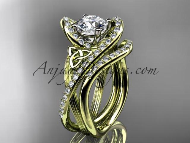 14kt yellow gold diamond celtic trinity knot wedding ring, engagement set with a "Forever One" Moissanite center stone CT7369S - AnjaysDesigns