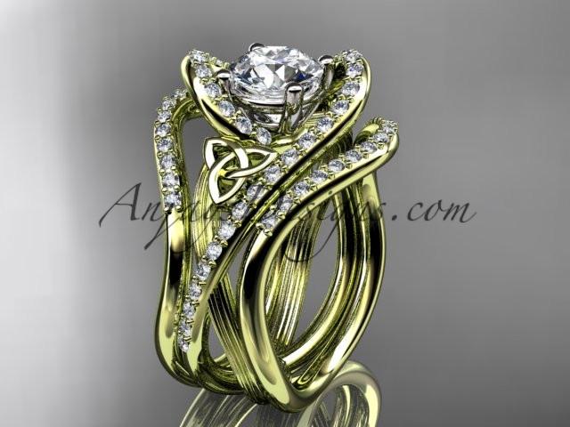 14kt yellow gold diamond celtic trinity knot wedding ring, engagement ring with double matching band  CT7369S - AnjaysDesigns