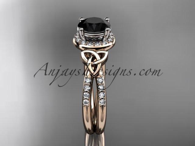 14kt rose gold diamond celtic trinity knot wedding ring, engagement ring with a Black Diamond center stone CT7373 - AnjaysDesigns