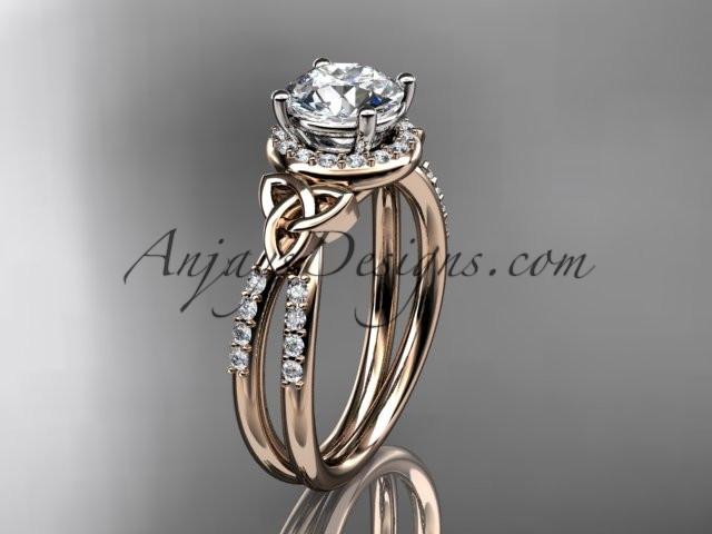 14kt rose gold diamond celtic trinity knot wedding ring, engagement ring with a "Forever One" Moissanite center stone CT7373 - AnjaysDesigns