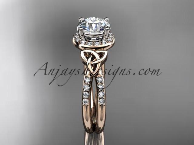 14kt rose gold diamond celtic trinity knot wedding ring, engagement ring with a "Forever One" Moissanite center stone CT7373 - AnjaysDesigns