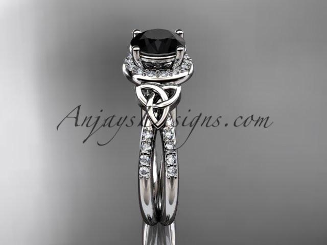 14kt white gold diamond celtic trinity knot wedding ring, engagement ring with a Black Diamond center stone CT7373 - AnjaysDesigns