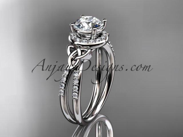 platinum diamond celtic trinity knot wedding ring, engagement ring with a "Forever One" Moissanite center stone CT7373 - AnjaysDesigns