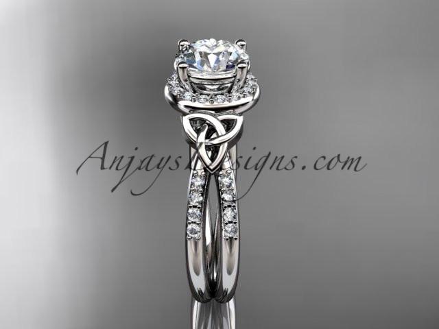 platinum diamond celtic trinity knot wedding ring, engagement ring with a "Forever One" Moissanite center stone CT7373 - AnjaysDesigns