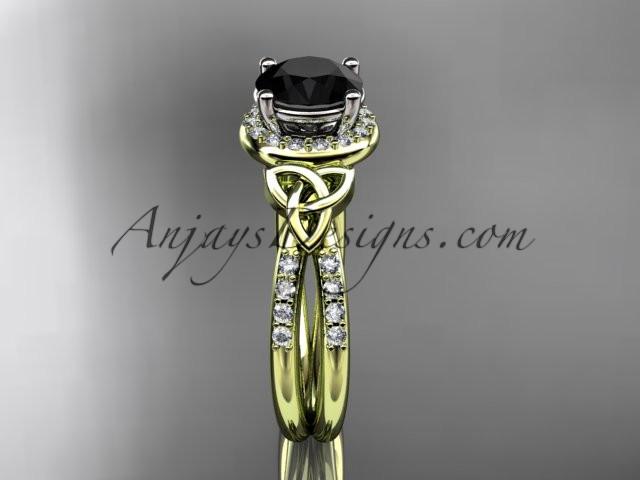 14kt yellow gold diamond celtic trinity knot wedding ring, engagement ring with a Black Diamond center stone CT7373 - AnjaysDesigns