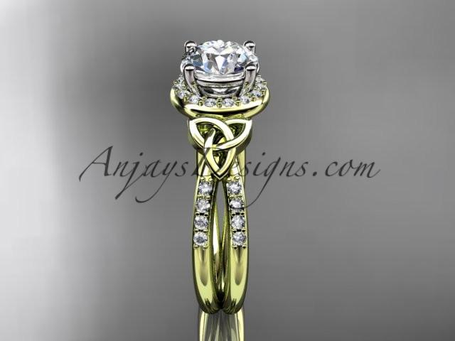 14kt yellow gold diamond celtic trinity knot wedding ring, engagement ring with a "Forever One" Moissanite center stone CT7373 - AnjaysDesigns