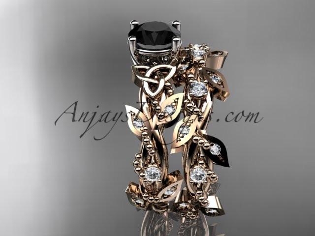 14kt rose gold celtic trinity knot engagement set, wedding ring with a Black Diamond center stone CT759S - AnjaysDesigns