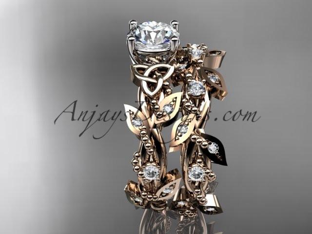 14kt rose gold celtic trinity knot engagement set, wedding ring with a "Forever One" Moissanite center stone CT759S - AnjaysDesigns