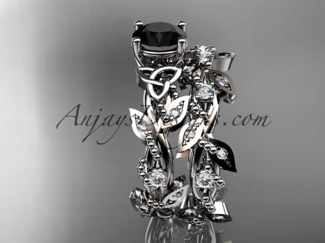 platinum celtic trinity knot engagement set, wedding ring with a Black Diamond center stone CT759S - AnjaysDesigns