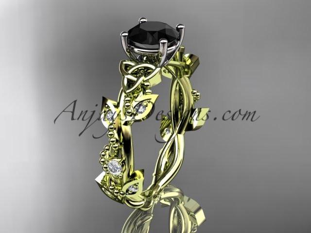 14kt yellow gold celtic trinity knot engagement ring, wedding ring with a Black Diamond center stone CT759 - AnjaysDesigns
