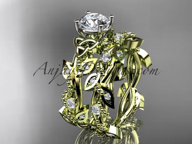 14kt yellow gold celtic trinity knot engagement set, wedding ring with a "Forever One" Moissanite center stone CT759S - AnjaysDesigns