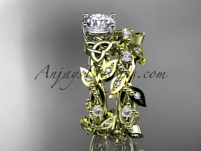 14kt yellow gold celtic trinity knot engagement set, wedding ring with a "Forever One" Moissanite center stone CT759S - AnjaysDesigns