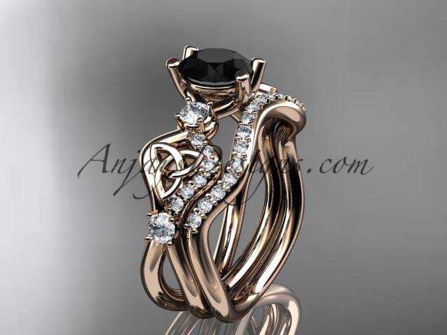 14kt rose gold celtic trinity knot engagement set, wedding ring with a Black Diamond center stone CT768S - AnjaysDesigns