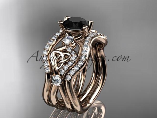14kt rose gold celtic trinity knot engagement ring, wedding ring with a Black Diamond center stone and double matching band CT768S - AnjaysDesigns