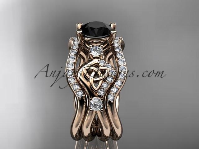 14kt rose gold celtic trinity knot engagement ring, wedding ring with a Black Diamond center stone and double matching band CT768S - AnjaysDesigns