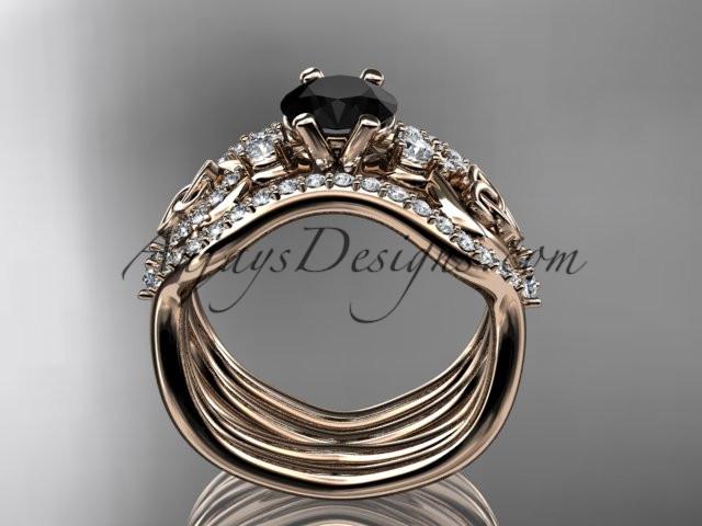 14kt rose gold celtic trinity knot engagement ring, wedding ring with a Black Diamond center stone and double matching band CT768S - AnjaysDesigns