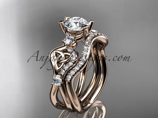 14kt rose gold celtic trinity knot engagement set, wedding ring with a "Forever One" Moissanite center stone CT768S - AnjaysDesigns