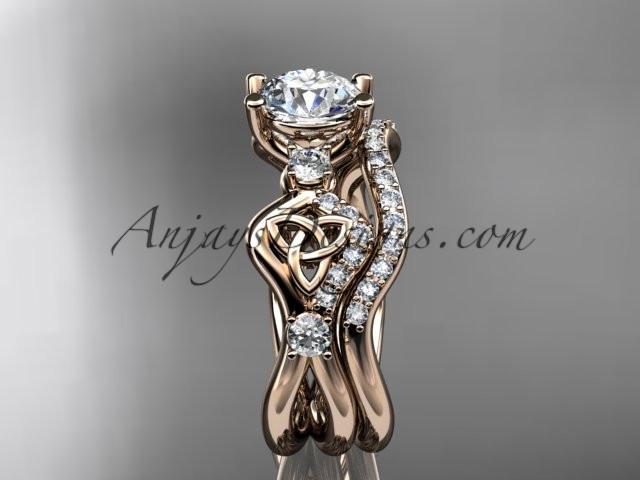 14kt rose gold celtic trinity knot engagement set, wedding ring with a "Forever One" Moissanite center stone CT768S - AnjaysDesigns