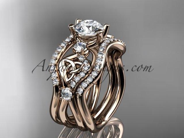 14kt rose gold celtic trinity knot engagement ring, wedding ring with a "Forever One" Moissanite center stone and double matching band CT768S - AnjaysDesigns
