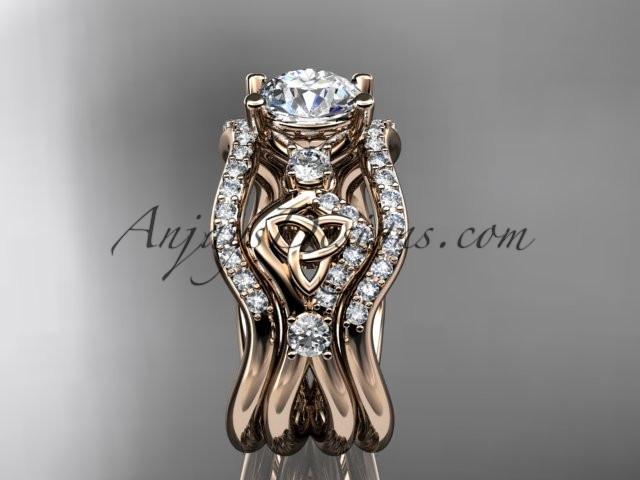 14kt rose gold celtic trinity knot engagement ring, wedding ring with a "Forever One" Moissanite center stone and double matching band CT768S - AnjaysDesigns