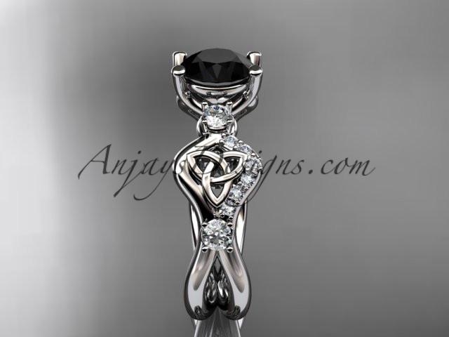 14kt white gold celtic trinity knot engagement ring, wedding ring with a Black Diamond center stone CT768 - AnjaysDesigns