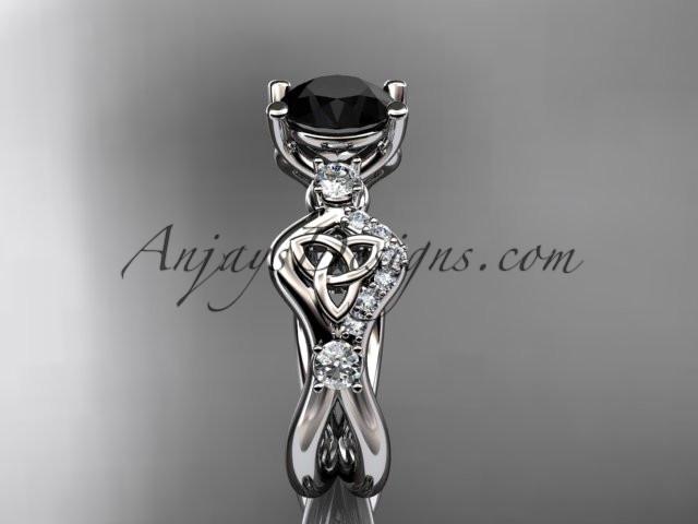platinum celtic trinity knot engagement ring, wedding ring with a Black Diamond center stone CT768 - AnjaysDesigns