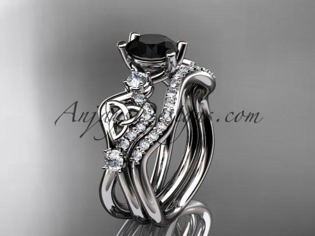 platinum celtic trinity knot engagement set, wedding ring with a Black Diamond center stone CT768S - AnjaysDesigns