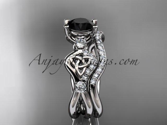 platinum celtic trinity knot engagement set, wedding ring with a Black Diamond center stone CT768S - AnjaysDesigns