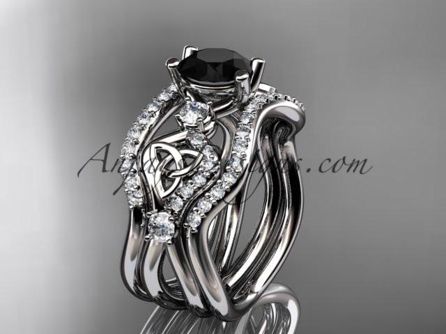 platinum celtic trinity knot engagement ring, wedding ring with a Black Diamond center stone and double matching band CT768S - AnjaysDesigns