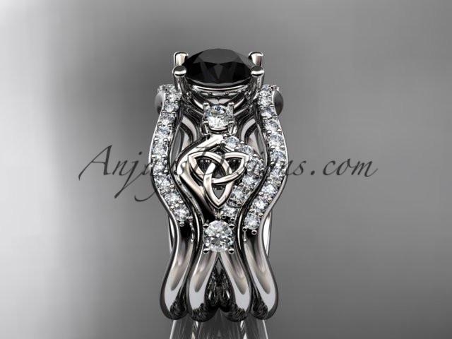 platinum celtic trinity knot engagement ring, wedding ring with a Black Diamond center stone and double matching band CT768S - AnjaysDesigns