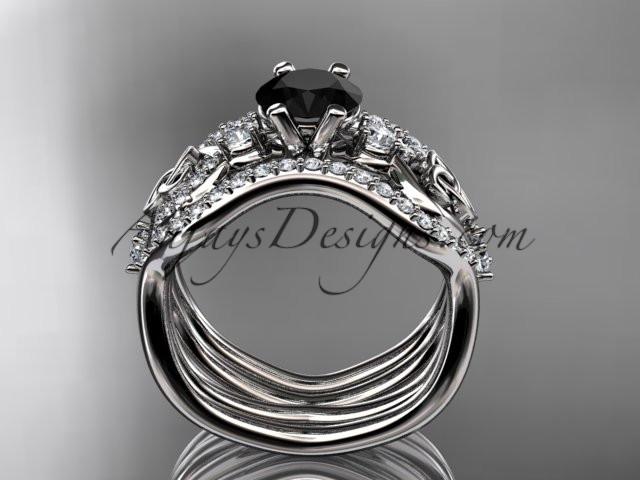 platinum celtic trinity knot engagement ring, wedding ring with a Black Diamond center stone and double matching band CT768S - AnjaysDesigns
