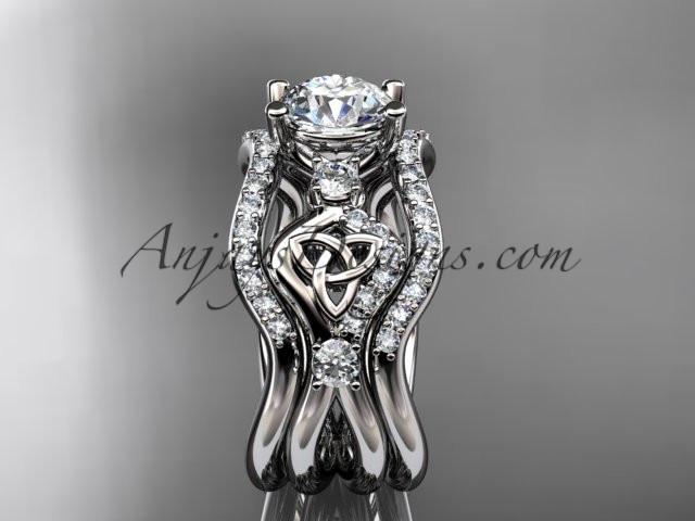 14kt white gold celtic trinity knot engagement ring, wedding ring with a "Forever One" Moissanite center stone and double matching band CT768S - AnjaysDesigns