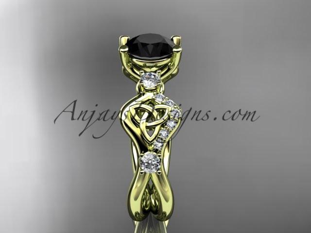 14kt yellow gold celtic trinity knot engagement ring, wedding ring with a Black Diamond center stone CT768 - AnjaysDesigns