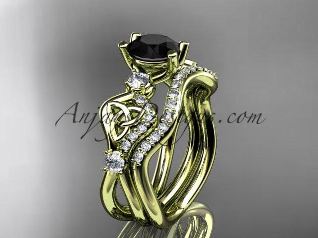 14kt yellow gold celtic trinity knot engagement set, wedding ring with a Black Diamond center stone CT768S - AnjaysDesigns