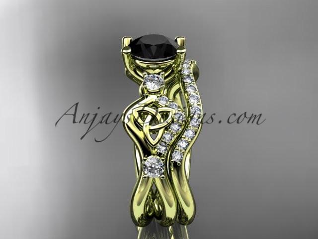 14kt yellow gold celtic trinity knot engagement set, wedding ring with a Black Diamond center stone CT768S - AnjaysDesigns