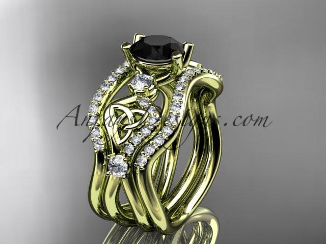 14kt yellow gold celtic trinity knot engagement ring, wedding ring with a Black Diamond center stone and double matching band CT768S - AnjaysDesigns